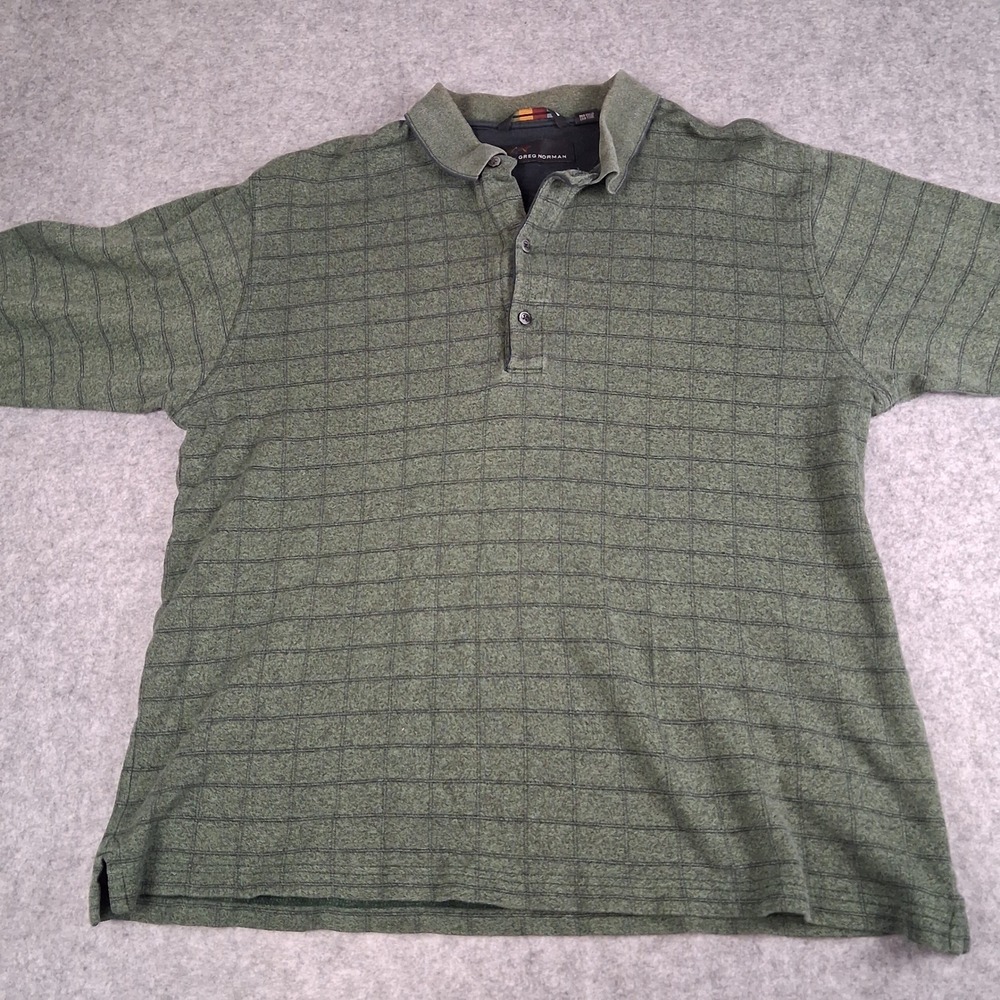 Greg Norman Polo Shirt Mens Medium Green Grid Pattern Cotton Short Sleeve